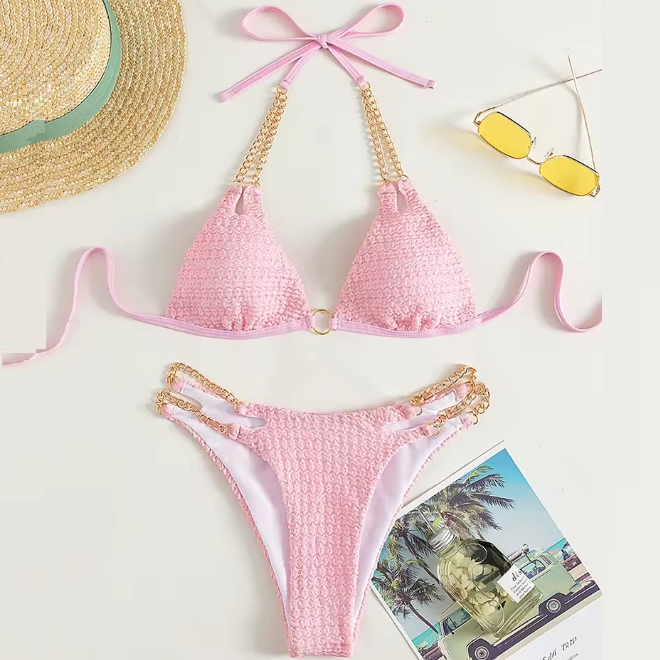 Chain Swimwear Summer Strap Open Back Split Beach Swimwear