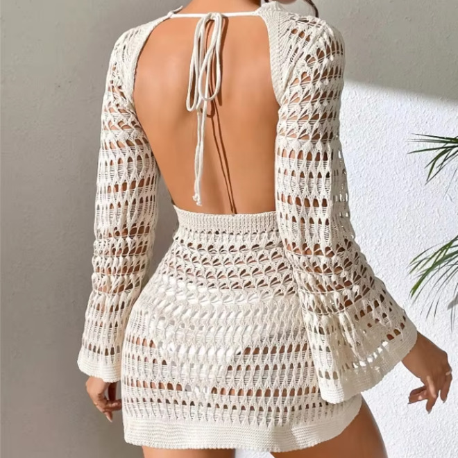 Summer Solid Long Sleeved Knitted Backless Beach Cover Up