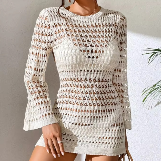 Summer Solid Long Sleeved Knitted Backless Beach Cover Up