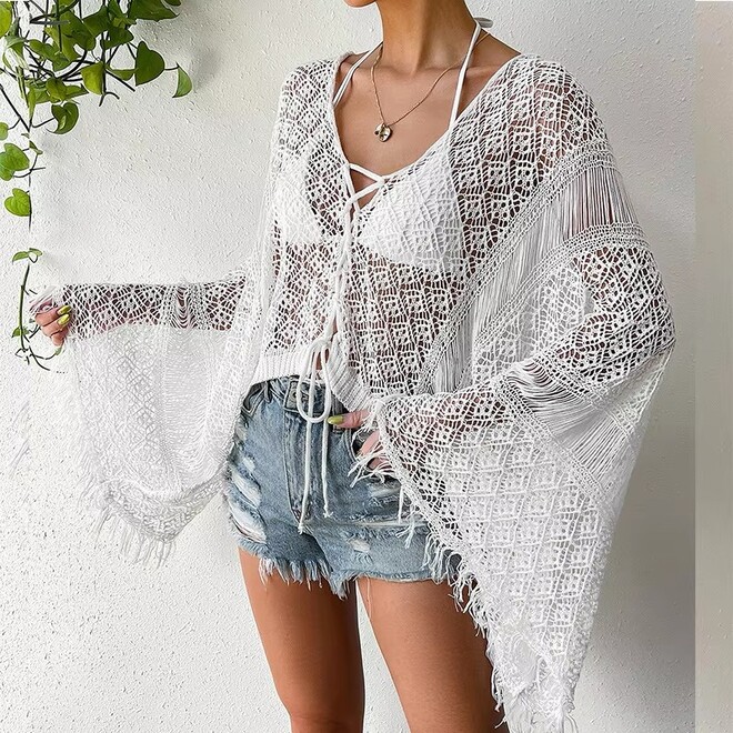 Crochet Tassel Bat Sleeve Womens Cover Up
