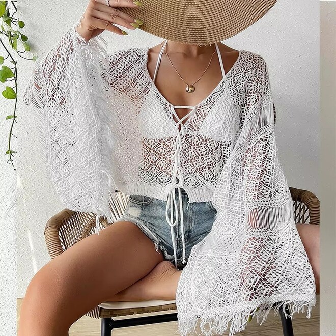 Crochet Tassel Bat Sleeve Womens Cover Up
