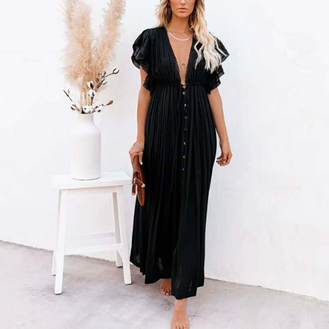 Womens Lightweight Button Down Maxi Cover Up With Waist Tie