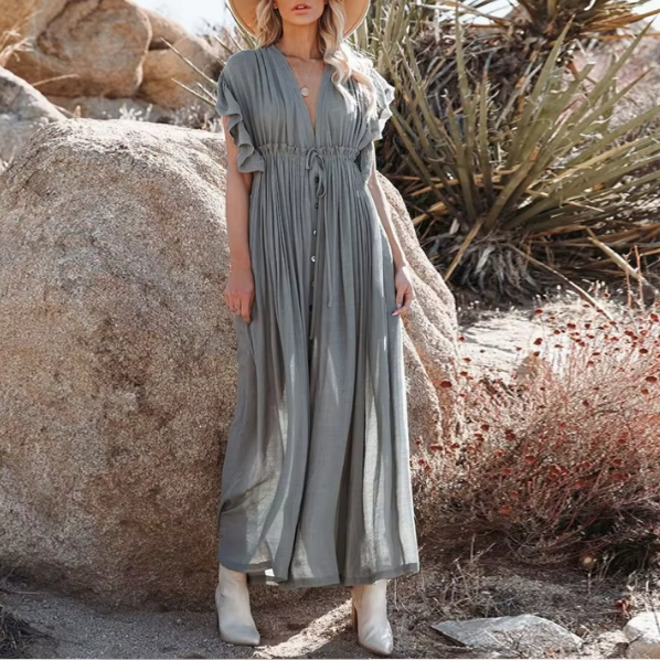 Womens Lightweight Button Down Maxi Cover Up With Waist Tie