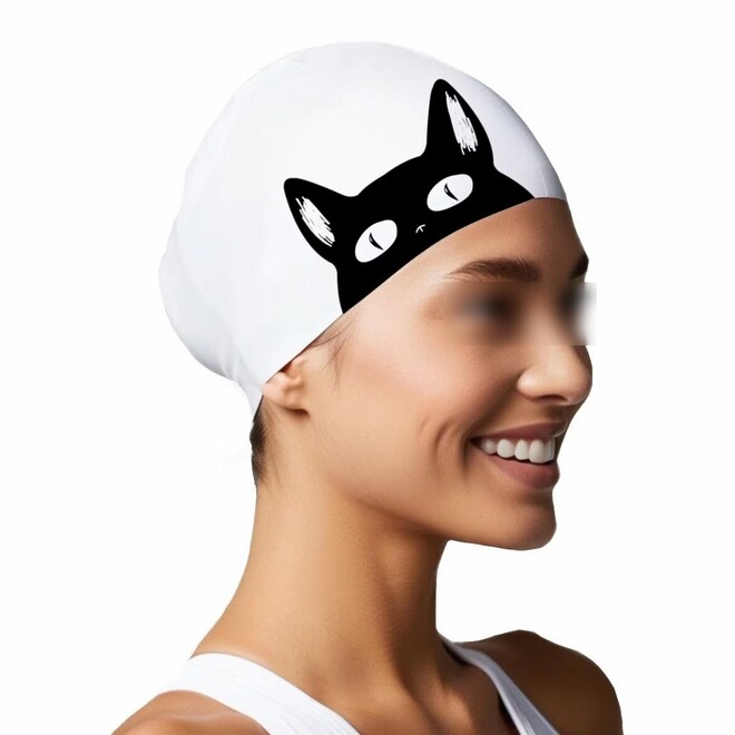 Comfortable Printed Cat Pattern Swimming Cap For Standard Size And Long Hair