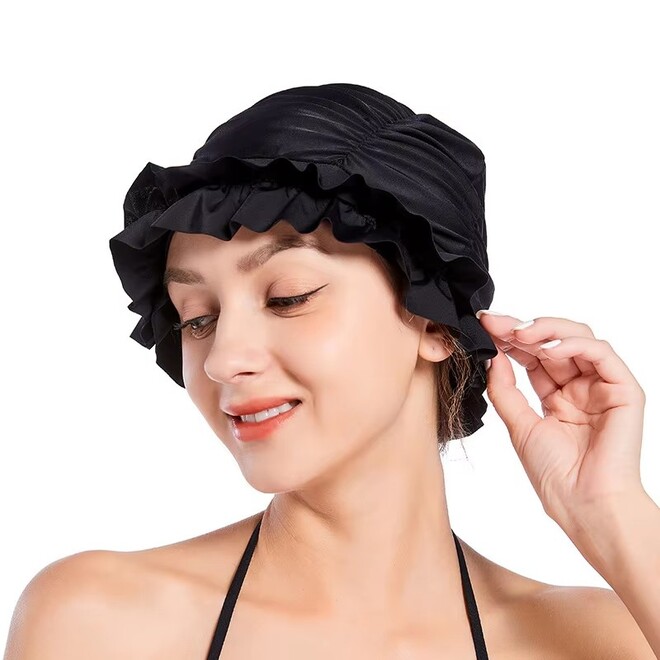 New Ruffled Design Women High Capacity Fabric Swimming Cap